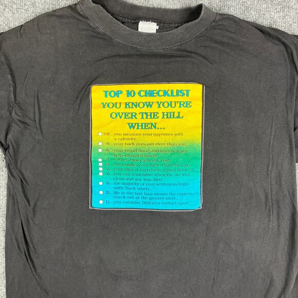 Vintage T-Shirt Men's Size L Black Top 10 Checklist Over The Hill Graphic - Picture 2 of 10